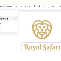 Edytor tekstu pokazuje, jak zrobić znak wodny. Wybierz czcionkę "Berkshire Swash" dla nazwy "Royal Safari" i złotego lwa.