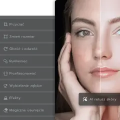 Przerabianie zdjęć online: porównanie twarzy przed i po retuszu skóry. Widoczne opcje edycji: przycinanie, zmiana rozmiaru, obracanie, rumieniec, przefasonowanie, wybielanie zębów, efekty, magiczne usunięcie.
