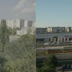 Porównanie obrazu przed i po zastosowaniu 3D LUT. Widok miasta z blokami mieszkalnymi, centrum handlowym i tramwajami.