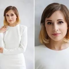 Elegancka kobieta w białej sukience, subtelnie dotykająca ramienia. Idealny przykład, jak pozować do zdjęć, by wyglądać naturalnie i pewnie.