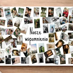 Jak zrobić kolaż zdjęć? Na białej kartce ułożono wiele małych, kolorowych i czarno-białych fotografii z parami, tworząc mozaikę wspomnień.