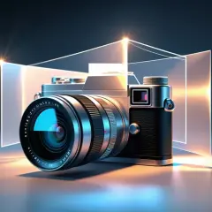 Elegancki aparat fotograficzny, jak działa aparat fotograficzny, otoczony geometrycznymi, świetlistymi formami.