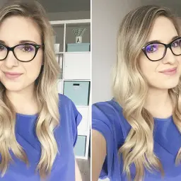 Dwie wersje uśmiechniętej blondynki w okularach. Która lepsza? To świetny pomysł na selfie, by porównać subtelne różnice.
