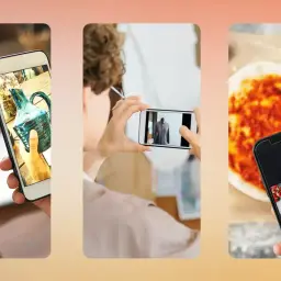 Trzy smartfony robią zdjęcia: wazonik, marynarka na manekinie i pizza. Idealne biale tlo do zdjecia.