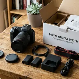 Nowy aparat Canon z akcesoriami na drewnianym stole. Dowiedz się, jak sprawdzić przebieg aparatu Canon, przeglądając instrukcję obsługi.