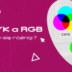 CMYK i RGB – porównanie modeli barw. Na ekranie widać schematy kolorów, gdzie RGB tworzy biel, a CMYK czerń.