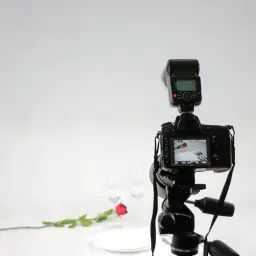 Profesjonalna fotografia produktowa: aparat na statywie, błyskawica, róża i zastawa stołowa.