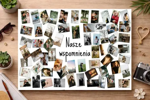 Jak zrobić kolaż zdjęć? Na białej kartce ułożono wiele małych, kolorowych i czarno-białych fotografii z parami, tworząc mozaikę wspomnień.