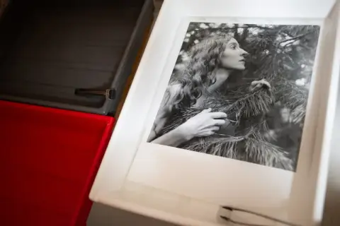 Kobieta w lesie na odbitce fotograficznej, która właśnie wyłania się z ciemni. Roztwór w ciemni fotograficznej czeka na kolejne etapy.