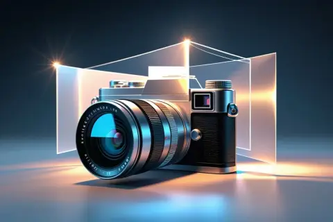 Elegancki aparat fotograficzny, jak działa aparat fotograficzny, otoczony geometrycznymi, świetlistymi formami.