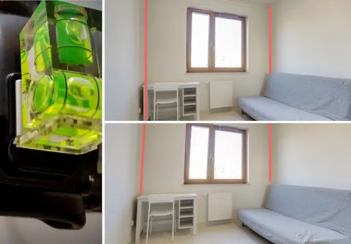 Fotografia wnętrz: poziomica na aparacie i ujęcia pokoju z zaznaczonymi pionami ścian.