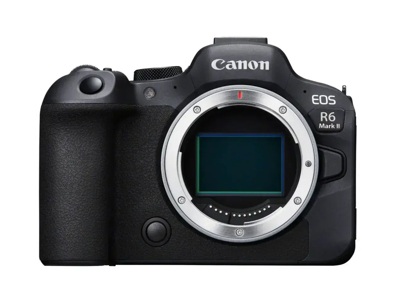 Czarny aparat Canon EOS R6 Mark II z widocznym sensorem.