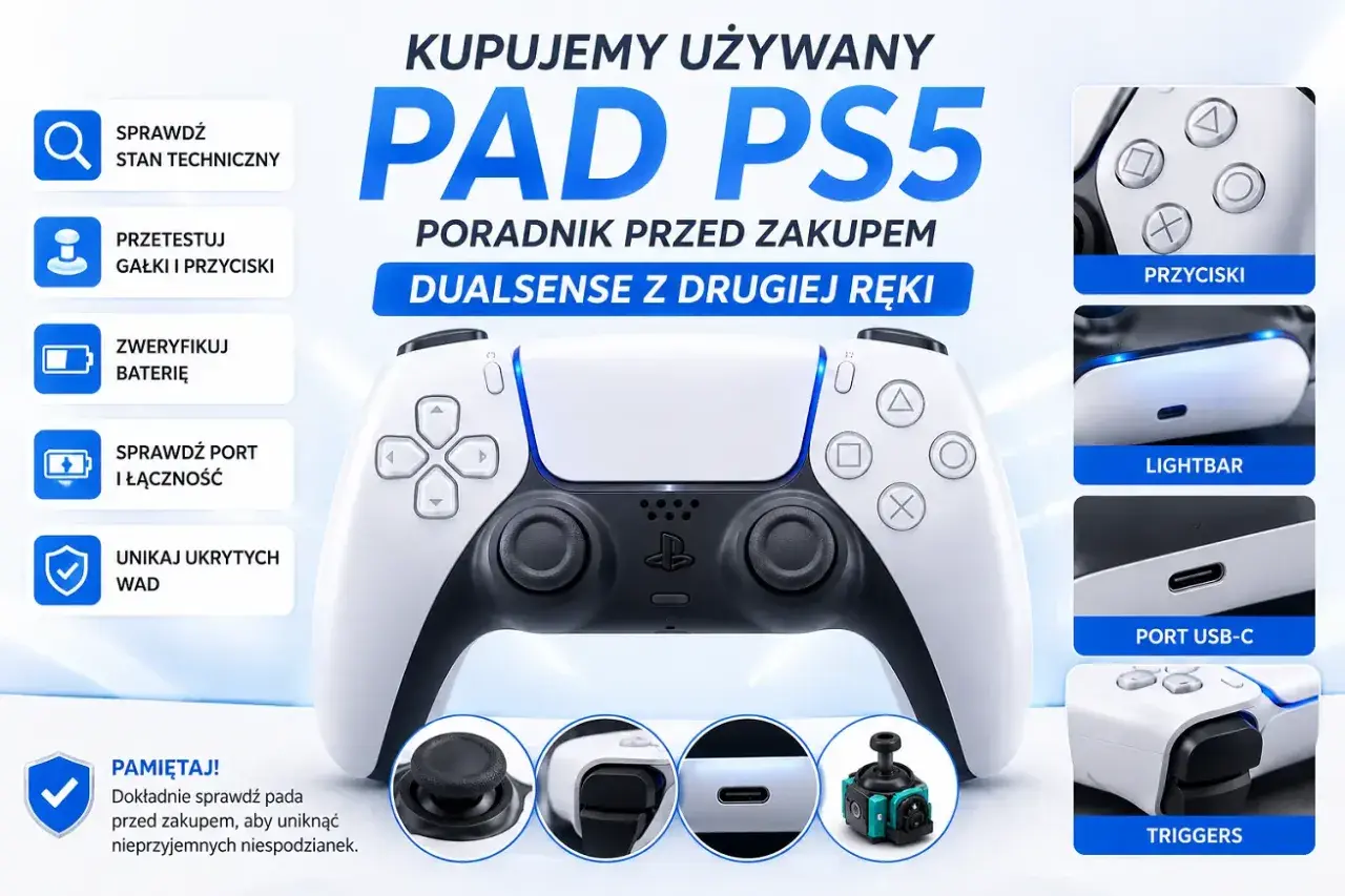 Poradnik zakupu używanego pada PS5. Sprawdź stan techniczny, gałki, baterię, port USB-C i unikaj wad. Nawet drobny pixel shift może świadczyć o zużyciu.
