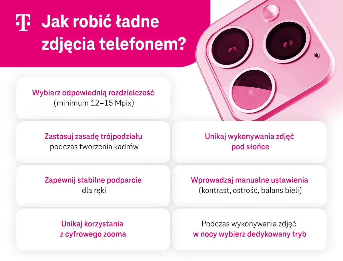 Jak ustawić aparat w telefonie, by robić świetne zdjęcia? Porady: rozdzielczość, trójpodział, stabilizacja, unikanie słońca i zoomu, ustawienia manualne, tryb nocny.