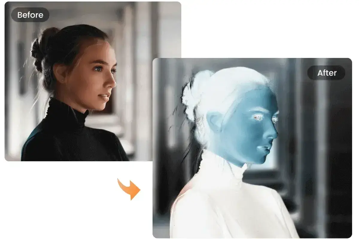 Zobacz, jak odwrócić kolory w Photoshopie. Obok oryginalnego portretu kobiety, efekt negatywu.
