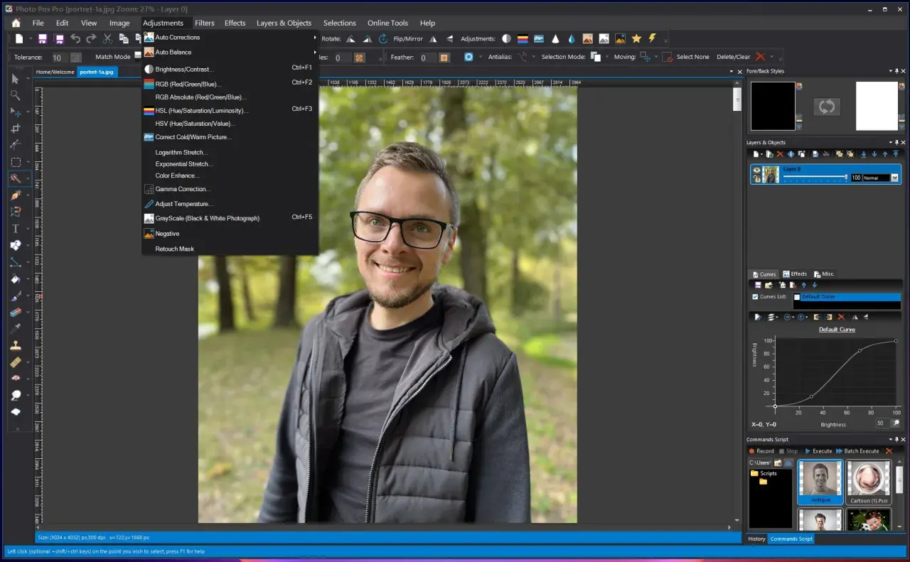 Program do edycji JPG z widocznym menu "Adjustments", gdzie można poprawić jasność, kontrast i kolory zdjęcia portretowego.