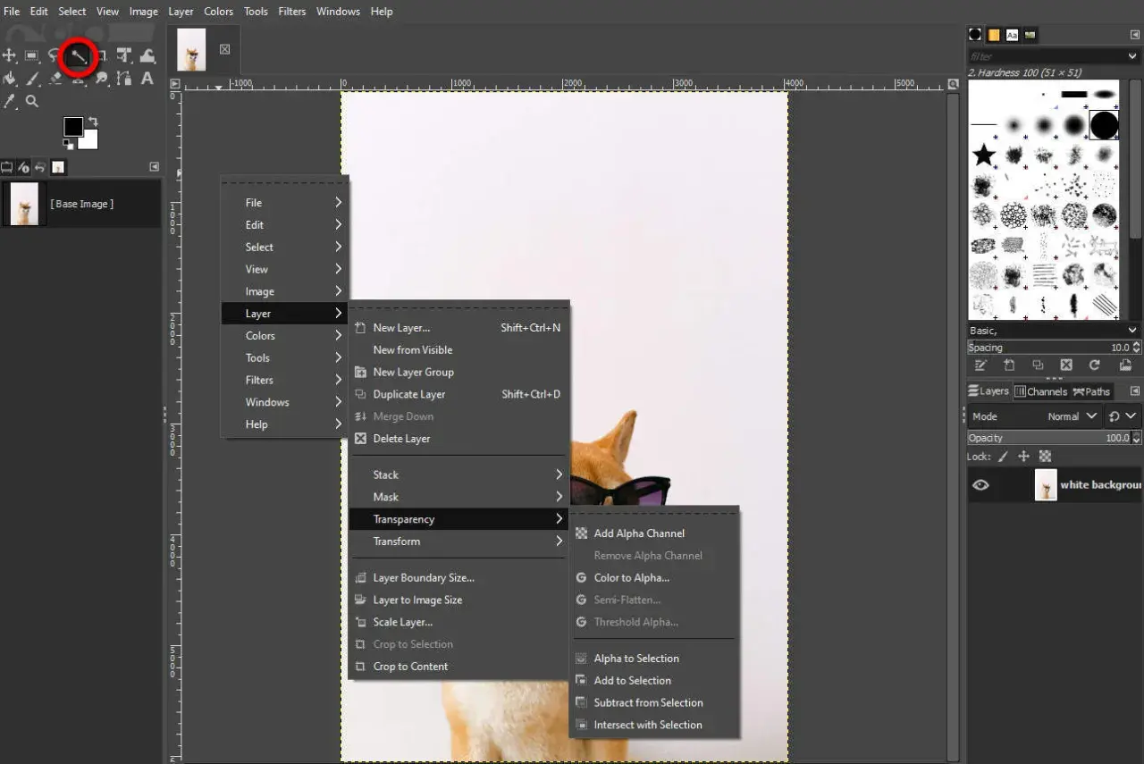 GIMP: menu Warstwa > Przezroczystość > Dodaj kanał alfa. Użyj tej opcji, aby uzyskać przezroczystość gimp.