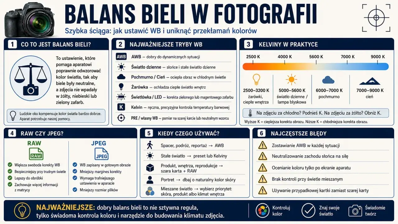 Szybka ściąga o balansie bieli w fotografii: jak ustawić WB i uniknąć przekłamań kolorów. Poznaj tryby WB, zastosowanie Kelvinów i najczęstsze błędy.