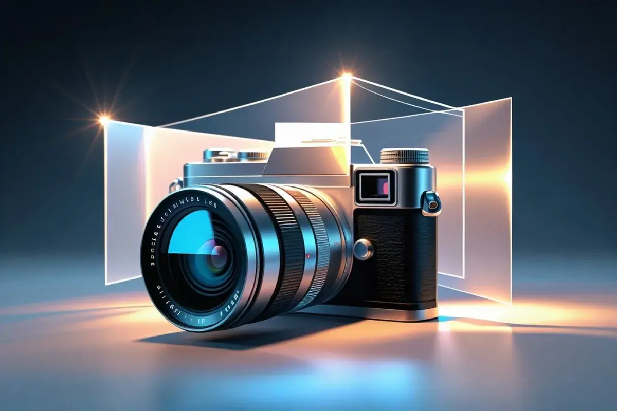 Elegancki aparat fotograficzny, jak działa aparat fotograficzny, otoczony geometrycznymi, świetlistymi formami.