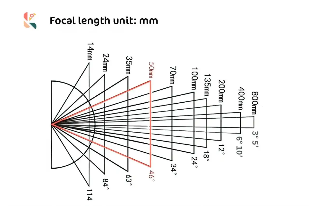 Diagram ilustrujący zależność między ogniskową oka (w mm) a polem widzenia w stopniach.