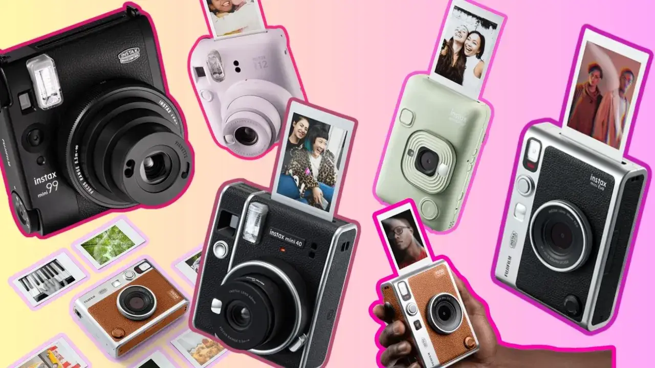 Kolekcja aparatów Instax do testów: czarny mini 99, różowy mini 12, zielony mini LiPlay, czarny mini 40, srebrny mini Evo i brązowy mini.