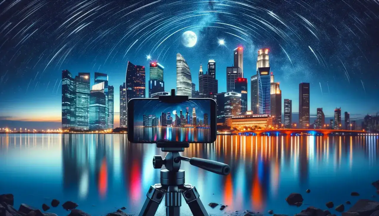Telefon na statywie rejestruje nocną panoramę miasta z odbiciami świateł w wodzie. Dowiedz się, jak ustawić długi czas naświetlania w telefonie, by uzyskać taki efekt.
