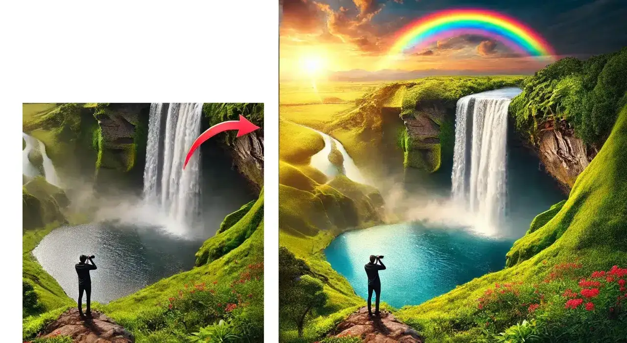 Jak poszerzyć tło w Photoshopie: od mglistego wodospadu do słonecznego krajobrazu z tęczą.