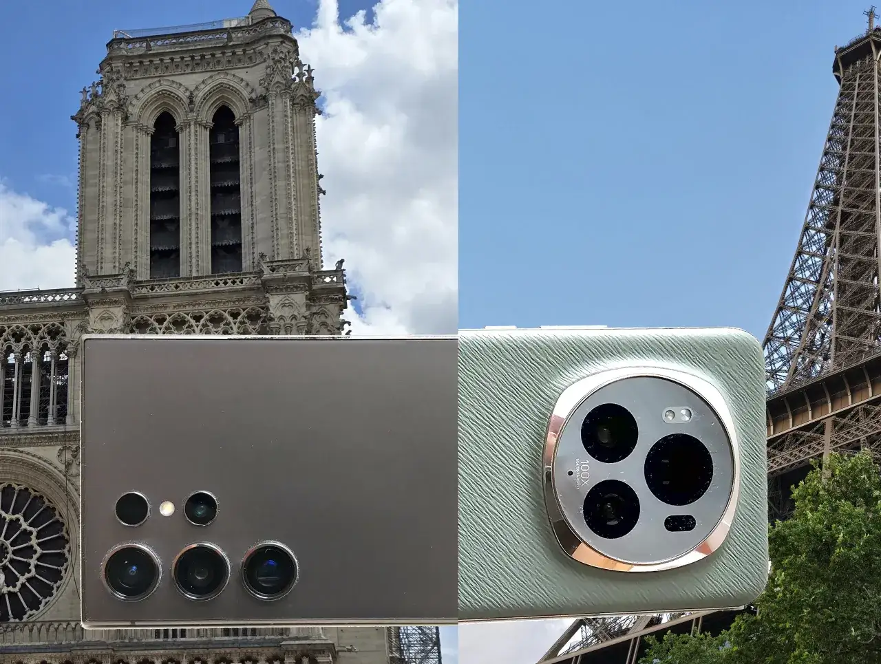 Dwa telefony z aparatami, jeden z widokiem na Notre Dame, drugi z Wieżą Eiffla. Aparat szerokokątny w telefonie pozwala uchwycić całe piękno Paryża.