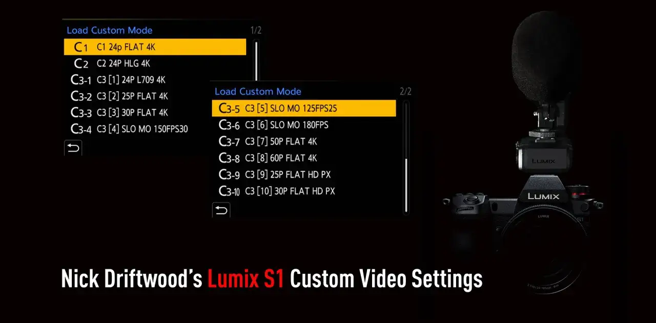 Nick Driftwood prezentuje ustawienia wideo dla Panasonic Lumix S1H, pokazując menu wyboru trybów niestandardowych.