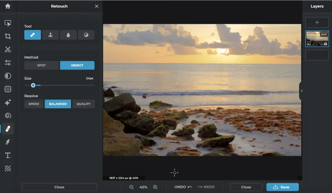 Edycja zdjęcia zachodu słońca na plaży w programie Photoscape X. Ustawienia narzędzia 