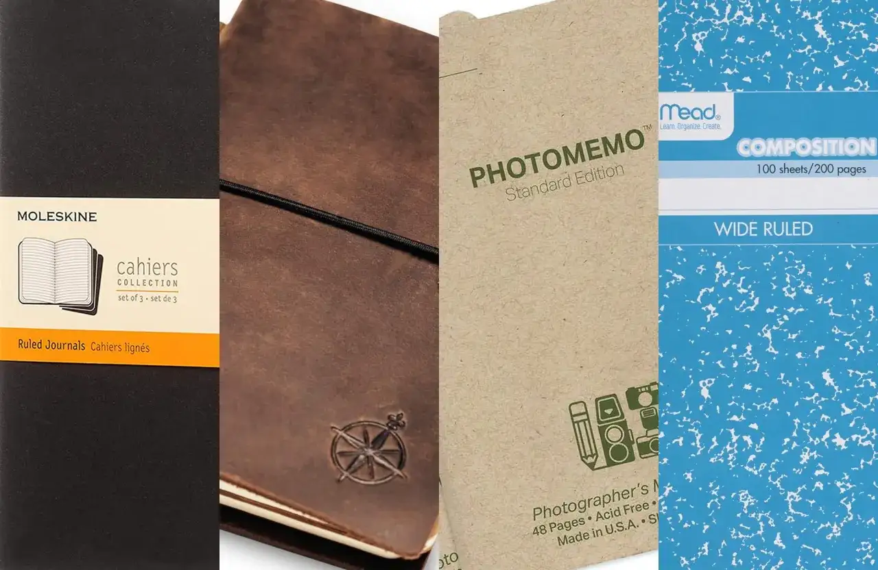 Cztery okładki notesów: czarny Moleskine, brązowy z kompasem, beżowy 