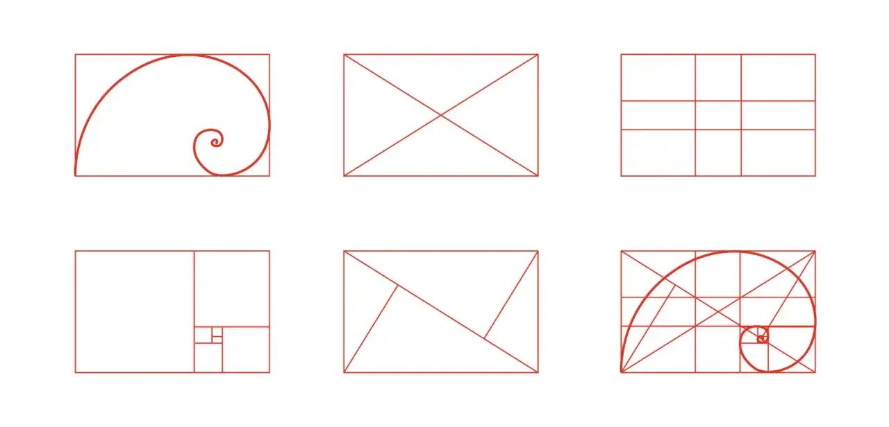 Złoty podział i spirala Fibonacciego w czerwonej grafice. Ta fotografia cyfrowa pokazuje geometryczne konstrukcje.