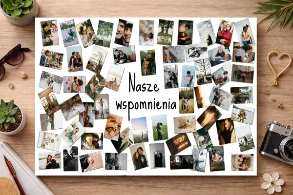 Jak zrobić kolaż zdjęć? Na białej kartce ułożono wiele małych, kolorowych i czarno-białych fotografii z parami, tworząc mozaikę wspomnień.